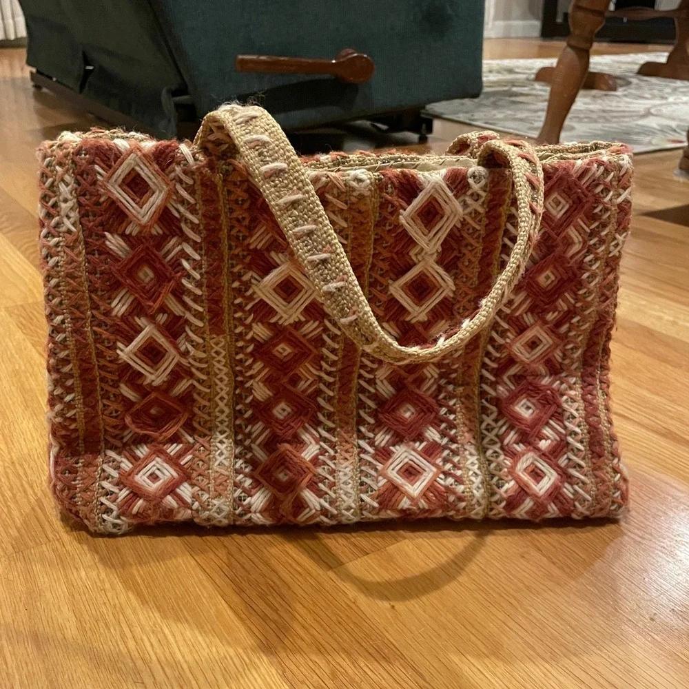 Woven‎ Jute Geometric Diamond Aztec Boho Tote Bag Terracotta Tan Cream Handbag